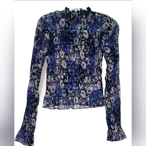 Free People Blue and Black Patterned Blouse